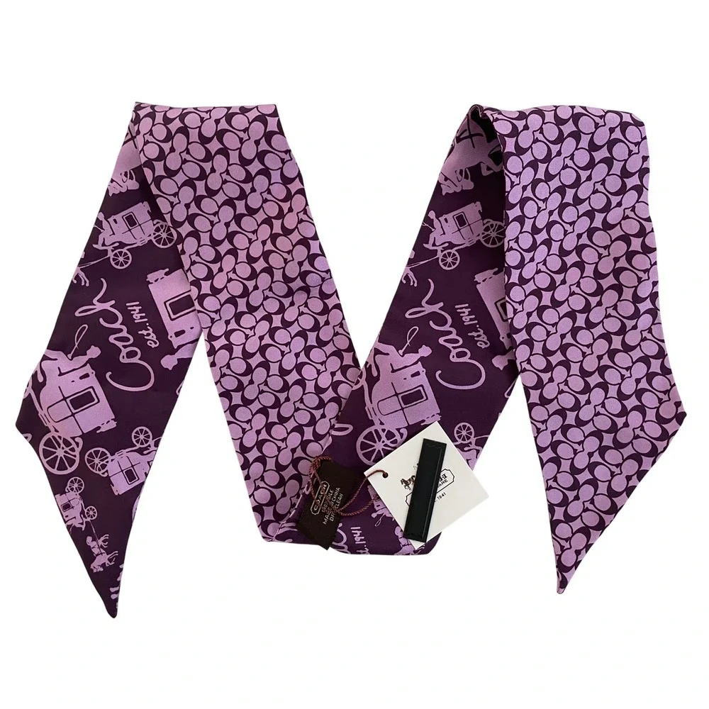 Coach Monogram C Horse Carriage Silk Skinny Scarf Purple Bag Accessory Y2K NEW - Picture 1 of 9